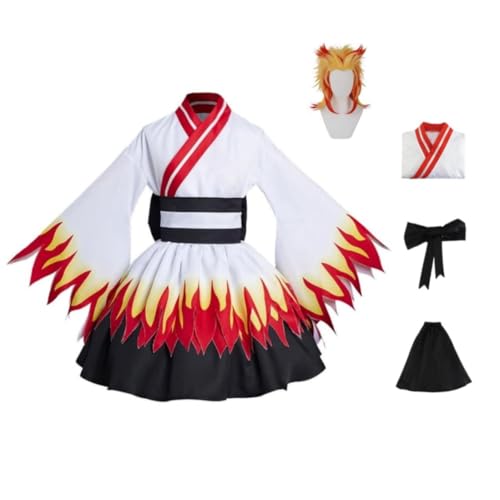BELEB Anime Rengoku Kyoujurou Halloween Cosplay Kostüm Party Outfit Kimono Dienstmädchen Kleid mit Perücke (Rengoku Kyoujurou,M) von BELEB