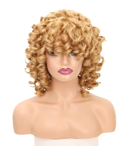 Blonde lockige Afro Perücken Kurze lockige Perücke mit Pony für Frauen lockige Perücke Synthetische hitzebeständige Faser Perücken von BELEB