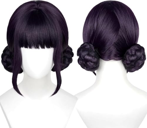Dunkelviolette Perücke und 2 abnehmbare Brötchen Kurze Anime Cosplay Perücke mit Pony für Halloween Kostüm Party Dunkelviolette Perücke und 2 abnehmbare Brötchen Kurze Anime Cosplay Perücke mit Pony für Halloween Kostüm Party von BELEB