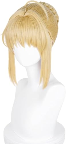 Kurze Blonde Anime Altria Pendragon Cosplay Perücke mit Pony & Zopf Bun Light Golden Kostüm Perücken für Frauen Halloween Party von BELEB