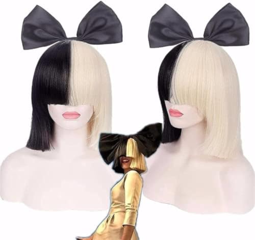 Sia Kostüm Perücke 2 Ton Halbblond Schwarz Bob Perücke mit schwarzem Knoten Premium Qualität Synthetisches Haar Cosplay Sia Kostüm Perücke 2 Ton Halbblond Schwarz Bob Perücke mit schwarzem Knoten Premium Qualität Synthetisches Haar Cosplay von BELEB