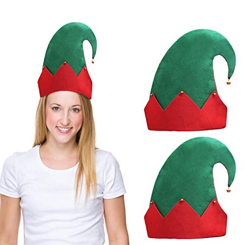 BELLE VOUS Weihnachten Elfe Mütze mit Glöckchen (3er Pack) 28x27cm Grüner Filz Hut mit Rotem Zickzack-Design an der Krempe für Erwachsene - Weihnachtskostüm Kostümparty Elfenkostuem Geschenk von BELLE VOUS
