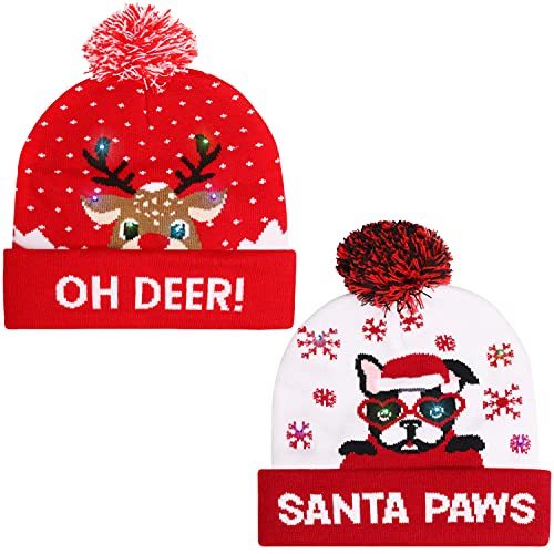 BELLE VOUS Weihnachtsmütze mit LED Licht (2 STK) - Unisex Bommel Mütze mit Licht - Dehnbare Weihnachtsmützen mit 6 LED-Lichtern - Rentier & Hund Lustige Hüte mit Beleuchtung für Weihnachts Dekoration von BELLE VOUS