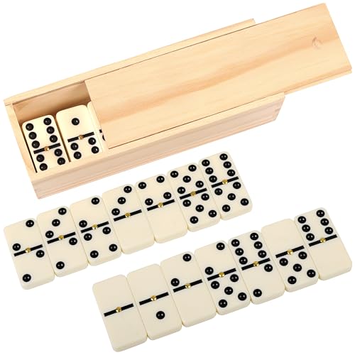 BELLE VOUS Komplettes D6-Domino Spiel Set mit Holzbox - 28-teiliges Premium-Domino Steine Set - Traditionelle Weiß-Schwarze Doppelsechs Domino Steine - Reisegröße Gesellschaftsspiele für Erwachsene von BELLE VOUS