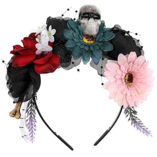 BELLIFFY Halloween Stirnband mit Farbigen Stoffblumen und Realistischer Totenkopf Dekoration Leichtes Halloween Kostüm Haarreif für Damen Bequemer Haarschmuck für Party und Cosplay von BELLIFFY