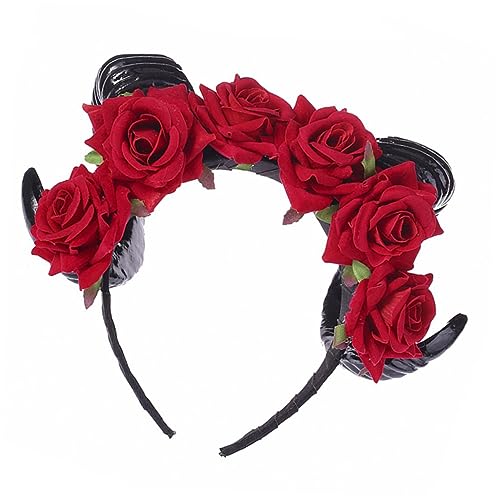 BELLIFFY Rotes Horn Stirnband Halloween Kopfschmuck mit Samtblumen Horn Design für Damen Party Cosplay Kostüm Zubehör Langlebig und Wiederverwendbar von BELLIFFY