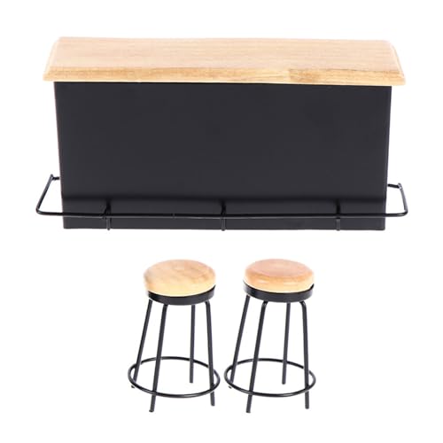 BELOWSYALER 3 Stück Miniatur-Puppenhaus Pub Theke Set mit 2 Hockern Metallrahmen Holzplatte Tisch 1/12 Modell Szene Zubehör von BELOWSYALER