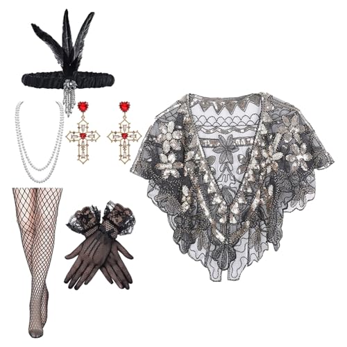 BELOWSYALER 6-in-1-Flapper-Zubehör-Set mit Pailletten-Schal und Schmuck-Set für brüllende Zwanzigerjahre von BELOWSYALER