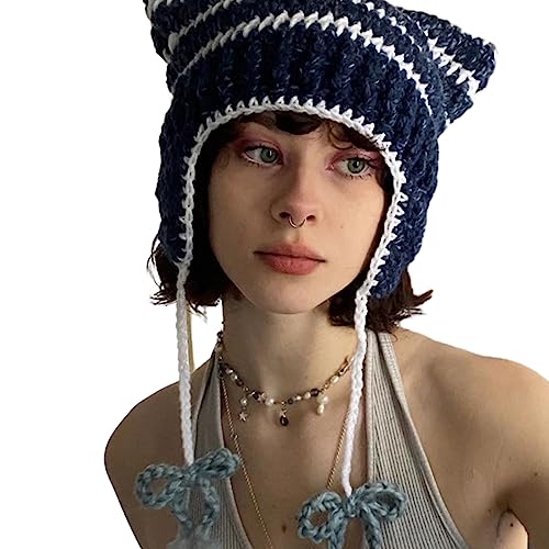 BELOWSYALER Ohr-Teufelsmütze für Damen, Herbst und Winter, gestrickt, bunt, Winter, Strickmütze, coole Foto-Requisite, Y2K-Girl, Häkelmützen für Frauen von BELOWSYALER