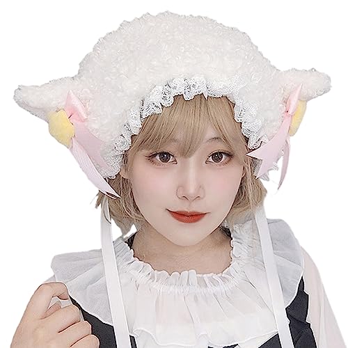BELOWSYALER Y2K Lammohren mit Spitze Cartoon Lamm Mädchen Cosplay Schöne Foto Prop Wintermütze mit Riemen Rüschen Spitze Cosplay Hut von BELOWSYALER