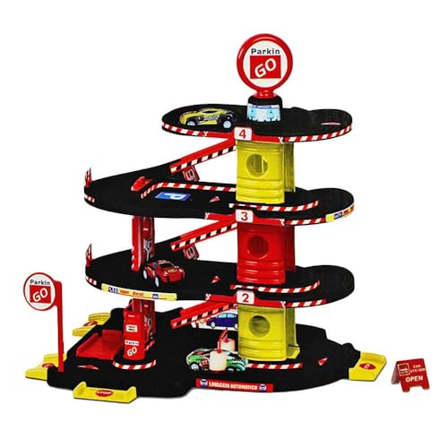 Auto Spielzeug-Garage – 47 cm hoch – 4 Etagen – Mit 2 Autos, Lift, Schranken & Waschanlage – Ab 3 Jahren geeignet von BEMIRO