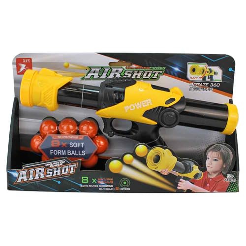 BEMIRO Air Shot Spielzeugpistole, 30 cm, mit 8 Schaumstoffbällen, 360-Grad-Rotation, Manuelles Schusssystem, für Kinder ab 5 Jahre (Gelb) von BEMIRO