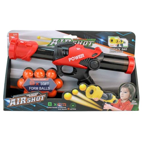 BEMIRO Air Shot Spielzeugpistole, 30 cm, mit 8 Schaumstoffbällen, 360-Grad-Rotation, Manuelles Schusssystem, für Kinder ab 5 Jahre (Rot) von BEMIRO