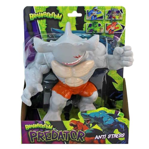 BEMIRO BrainBoooom Predator Anti-Stress-Figur, Hai-Design, 22 cm, Grau mit Orange, Dehnbare Actionfigur zum Stressabbau von BEMIRO