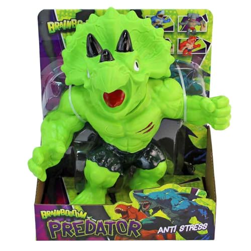 BEMIRO Brainbooom Predator Dinosaurier Stretch-Figur, 22 cm, Grüner Triceratops mit Dehnbarem Körper, Anti-Stress Spielzeug ab 5 Jahre von BEMIRO
