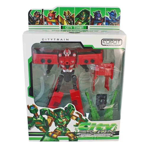 BEMIRO City Train Roboter Morphotron Autobot, 16 cm Actionfigur, Verwandlungsroboter mit Zubehör, Transformationsspielzeug ab 3 Jahren (Rot) von BEMIRO