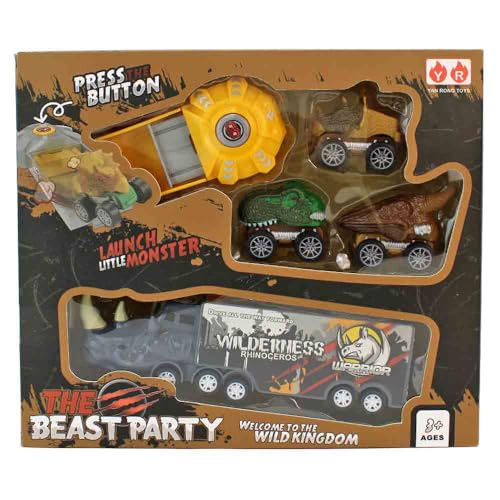 BEMIRO Dino-Spielset mit Truck und 3 Schießautos, 20 cm Länge, Actionspielzeug mit Rampe für Kinder ab 3 Jahre, Tiermotiv-Fahrzeuge (Braun) von BEMIRO