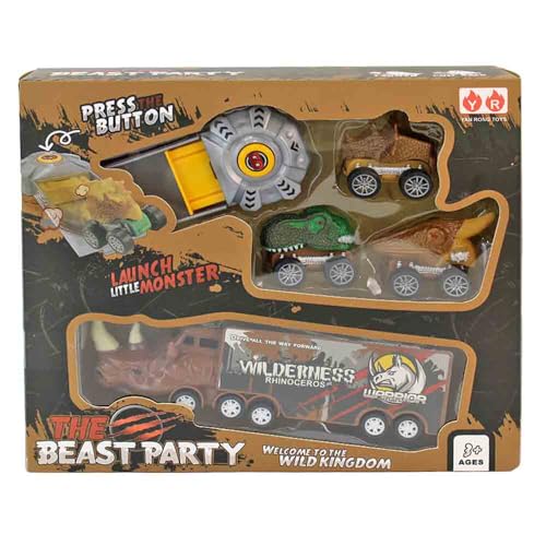BEMIRO Dino-Spielset mit Truck und 3 Schießautos, 20 cm Länge, Actionspielzeug mit Rampe für Kinder ab 3 Jahre, Tiermotiv-Fahrzeuge (Grau) von BEMIRO