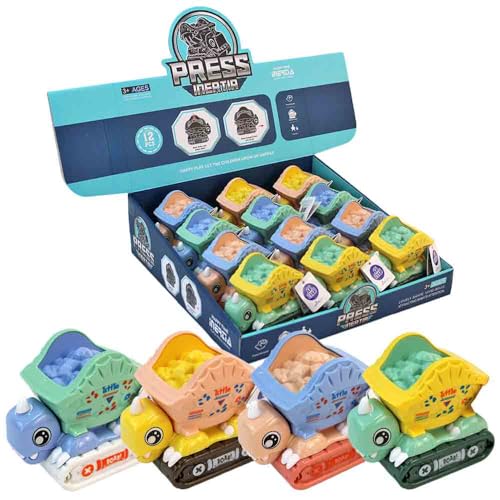 BEMIRO Dinosaurier Bauwagen Spielzeug – ca. 10 cm – Mit Container – Niedlicher Dino zum Losfahren – Kreatives Kinderspielzeug (Display 12 Stück) von BEMIRO
