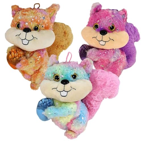 BEMIRO Eichhörnchen Kuscheltier bunt – 25 cm – Mit Stoff-Nuss & Glitzeraugen – Sterne-Motive – Aus recyceltem Material (Set) von BEMIRO