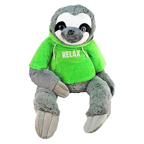 BEMIRO Faultier Kuscheltier groß - 100 cm Relax grün, Faultier Kuscheltier mit Pulli, Kletthände zum anhängen, Plüschtier Faultier mit Hoodie von BEMIRO