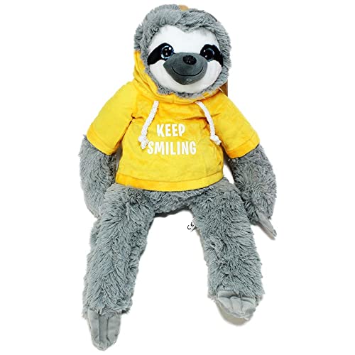 BEMIRO Faultier Kuscheltier mit Kapuze - gelb Keep Smiling - ca. 50 cm, Faultier Kuscheltier mit Pulli, Kletthände zum anhängen, Plüschtier Faultier mit Hoodie von BEMIRO