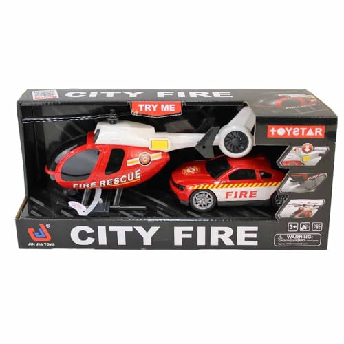 BEMIRO Feuerwehr Spielzeug Set – Helikopter (27 cm) & Auto (17 cm) – rot-weißes Fahrzeug-Set für Kinder ab 3 Jahren – realistisches Feuerwehrspielzeug für Rollenspiele – robust & detailgetreu von BEMIRO