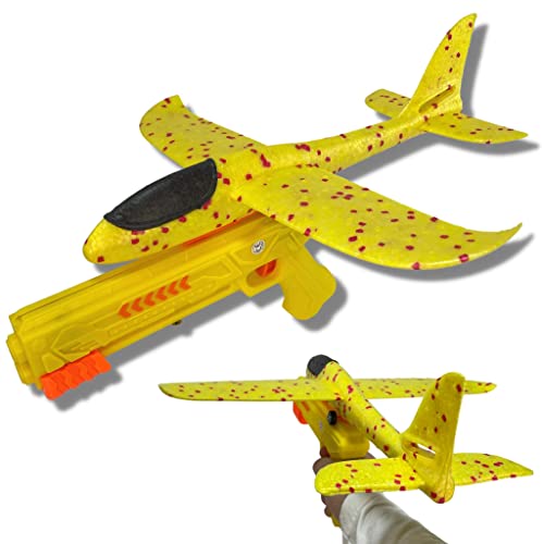 BEMIRO Gelbes Schaumstoff Flugzeug mit Abschießpistole - ca. 35 cm, Flugzeug Pistole Kinder, Styroporflieger Kinder, Outdoorspielzeug, Spielzeug Flugzeug von BEMIRO