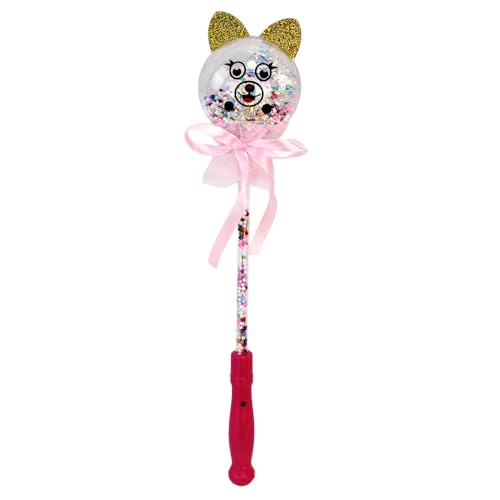 BEMIRO Kinder Leuchtstab mit Tiermotiv – ca. 38 cm – blinkendes Licht auf Knopfdruck – Katze, Maus & Hase – mit Glitzerohren – gefüllt mit Kugeln & Lametta – Party- & Nachtspielzeug (Katze) von BEMIRO
