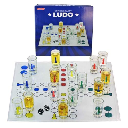 BEMIRO Ludo Trinkspiel mit Shotgläsern – 30 x 30 cm – Klassiker als Partyspiel – Inkl. 16 farbige Shotgläser (je 15 ml) von BEMIRO