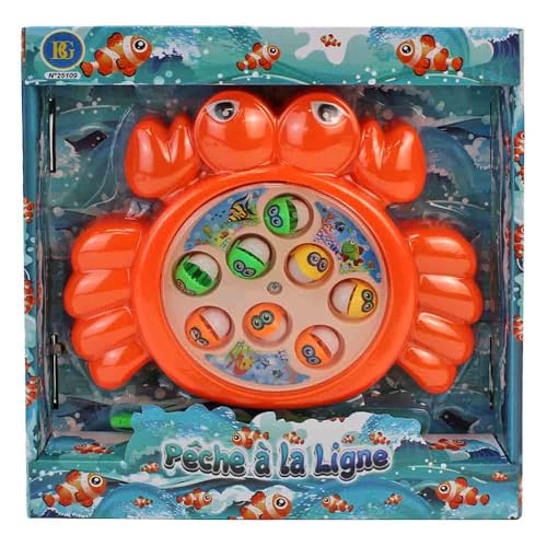 BEMIRO Mini Angelspiel für Kinder – Krabben-Design – ca. 17 x 21 cm – inkl. 8 Fischen – Geschicklichkeitsspiel ab 3 Jahren – Angelspielzeug für drinnen & draußen – bunt & kompakt (Orange) von BEMIRO