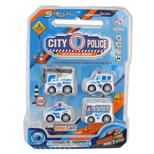 BEMIRO Mini-Autos Spielset, 4 Einsatzfahrzeuge je 5 cm, Polizei oder Feuerwehr, Spielzeugautos für Kinder ab 3 Jahren (Blau) von BEMIRO