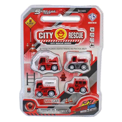 BEMIRO Mini-Autos Spielset, 4 Einsatzfahrzeuge je 5 cm, Polizei oder Feuerwehr, Spielzeugautos für Kinder ab 3 Jahren (Rot) von BEMIRO