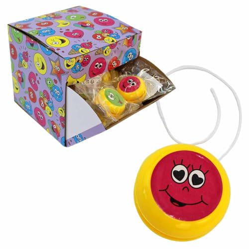 BEMIRO Mini Smiley Yo-Yos, 36er Set, 4 cm Durchmesser, Bunte Spielzeuge mit Stickern, Mitgebsel für Kindergeburtstag, ab 3 Jahren von BEMIRO