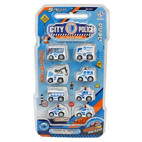 BEMIRO Mini Spielzeugautos Set, 8 Fahrzeuge, 5 cm, Polizei/Rettung/Baufirma wählbar, für Kinder ab 3 Jahre (Blau) von BEMIRO