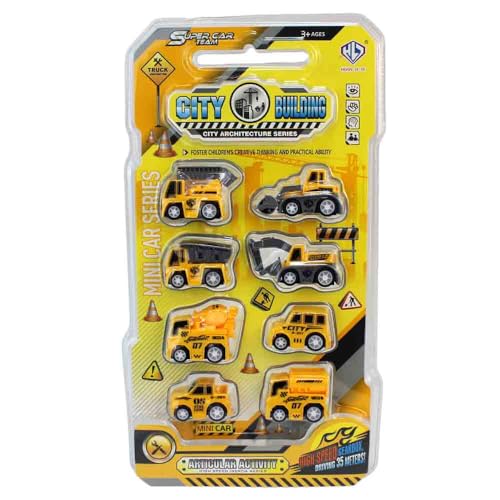 BEMIRO Mini Spielzeugautos Set, 8 Fahrzeuge, 5 cm, Polizei/Rettung/Baufirma wählbar, für Kinder ab 3 Jahre (Gelb) von BEMIRO