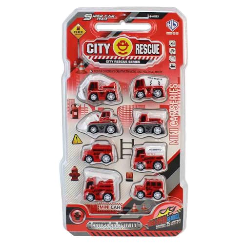 BEMIRO Mini Spielzeugautos Set, 8 Fahrzeuge, 5 cm, Polizei/Rettung/Baufirma wählbar, für Kinder ab 3 Jahre (Rot) von BEMIRO