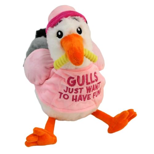 BEMIRO Möwe Kuscheltier mit Shirt & Mütze – 32 cm – Mit Pommes im Schnabel – Lustige Sprüche – Kuschelig weich (Rosa) von BEMIRO