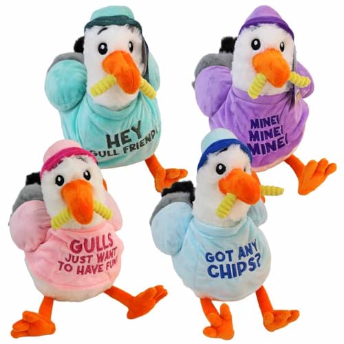 BEMIRO Möwe Kuscheltier mit Shirt & Mütze – 32 cm – Mit Pommes im Schnabel – Lustige Sprüche – Kuschelig weich (Set) von BEMIRO