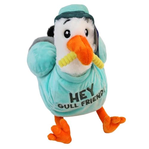 BEMIRO Möwe Kuscheltier mit Shirt & Mütze – 32 cm – Mit Pommes im Schnabel – Lustige Sprüche – Kuschelig weich (Türkis) von BEMIRO