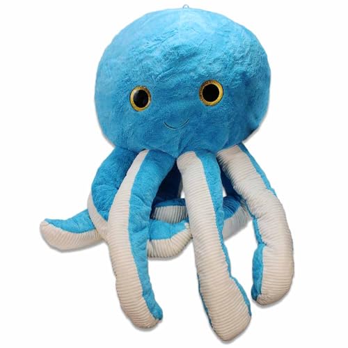 BEMIRO Octopus Kuscheltier XXL - 130 cm Groß (Tentakeln Gestreckt), 60 cm Sitzend, Gelbe Glitzer Augen, Gestickter Mund, Mit Schlaufe, 4 Farben: Gelb, Rosa, Lila und Blau (blau) von BEMIRO