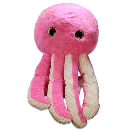BEMIRO Octopus Kuscheltier XXL - 130 cm Groß (Tentakeln Gestreckt), 60 cm Sitzend, Gelbe Glitzer Augen, Gestickter Mund, Mit Schlaufe, 4 Farben: Gelb, Rosa, Lila und Blau (pink) von BEMIRO