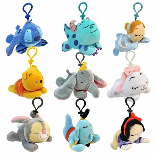 BEMIRO Plüsch Schlüsselanhänger, 15 cm Kuscheltier mit Bagclip, Squishy Stofftier in Schlafhaltung, 9 Charaktere (Set) von BEMIRO