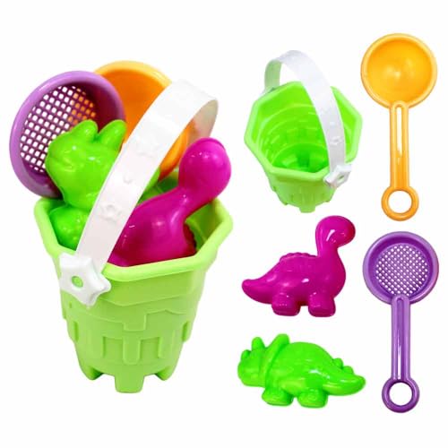 BEMIRO Sandspielzeug Set ab 3 Jahren – Mit Eimer, Schaufel, Harke & Dino-Förmchen – Ca. 15 cm hoch – Aus Kunststoff (Grün) von BEMIRO