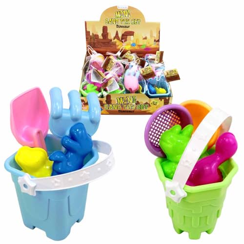 BEMIRO Sandspielzeug Set ab 3 Jahren – Mit Eimer, Schaufel, Harke & Dino-Förmchen – Ca. 15 cm hoch – Aus Kunststoff (Set) von BEMIRO
