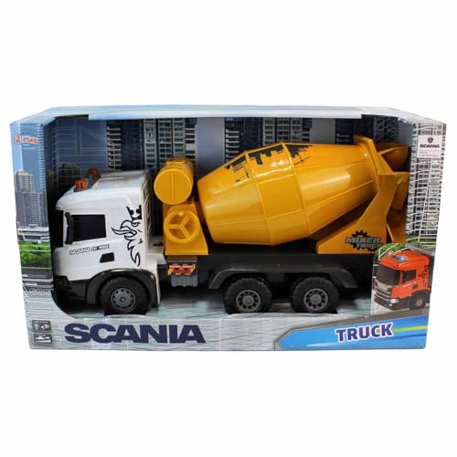 BEMIRO Scania Betonmischer XXL, 52 cm, mit Kurbel-Funktion, Licht & Sound, Rückzug-Funktion, Lizenziertes Baustellenfahrzeug von BEMIRO