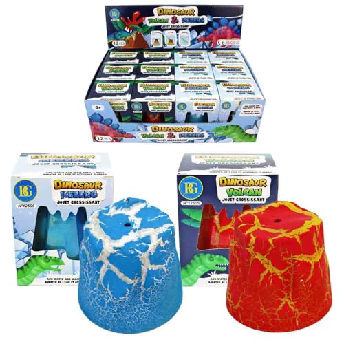 BEMIRO Schlüpfender Dino im Ei – wächst aus Vulkan oder Eisberg – ca. 7 cm – Dino schlüpft nach 72h im Wasser – Lernspielzeug & Überraschung für Kinder – mit Spiel-Dinosaurier (Display 12 STK) von BEMIRO