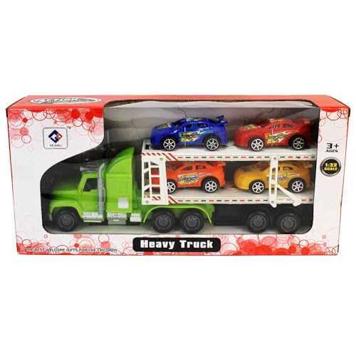 BEMIRO Spielzeug LKW Transporter mit 4 Autos – ca. 31 cm – US-Truck-Optik – Spielset mit 4 Sportwagen auf Ladefläche – Truck wählbar in Grün oder Blau – Auto Spielzeug ab 3 Jahren (Grün) von BEMIRO