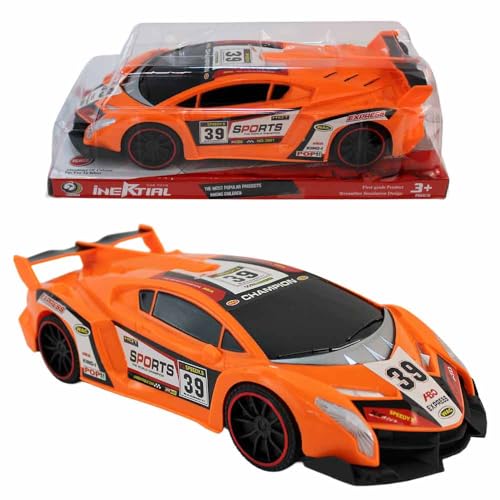 BEMIRO Spielzeugauto Sportwagen mit Rückziehmotor – 27 cm groß – detailreiches Rückziehauto mit Renn-Stickern – Spielzeug ab 3 Jahren für Kinder – Pullback-Auto Rennwagen (Orange) von BEMIRO