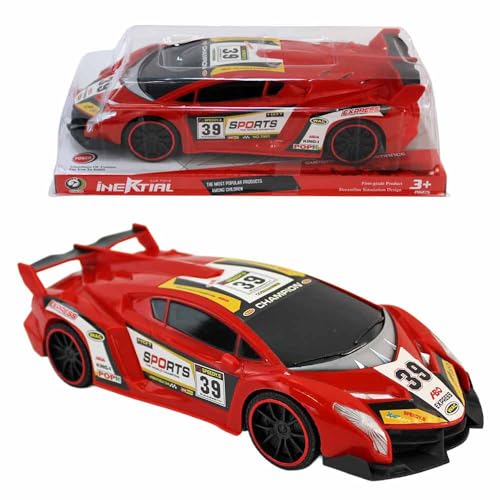 BEMIRO Spielzeugauto Sportwagen mit Rückziehmotor – 27 cm groß – detailreiches Rückziehauto mit Renn-Stickern – Spielzeug ab 3 Jahren für Kinder – Pullback-Auto Rennwagen (Rot) von BEMIRO